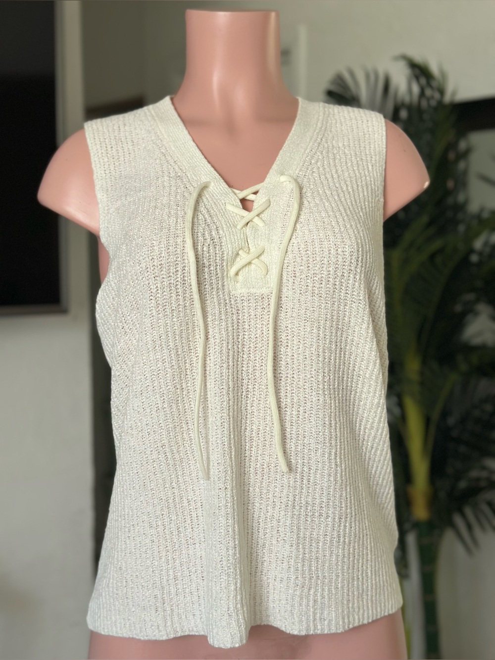 Lace-Up V-Neck Knit Tank Top in Cream